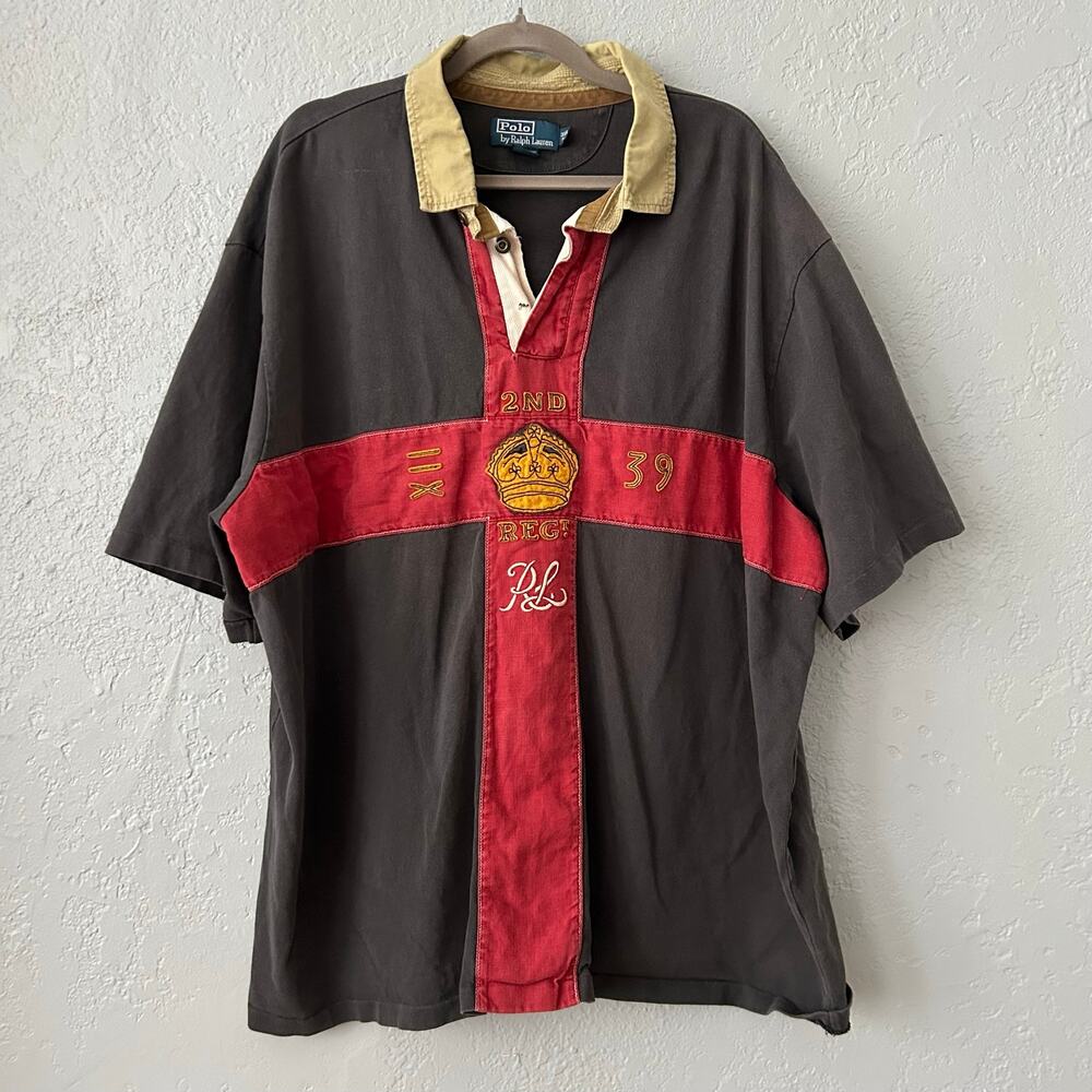 Vtg 90s Polo Ralph Lauren 2nd Regiment Military Crest Rugby Polo Shirt 3XB RARE